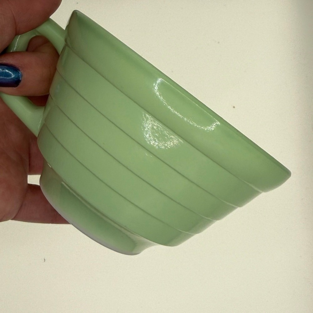 Hazel-Atlas Green Milk Glass Moderntone Cup and Saucer Set Vintage Art Deco